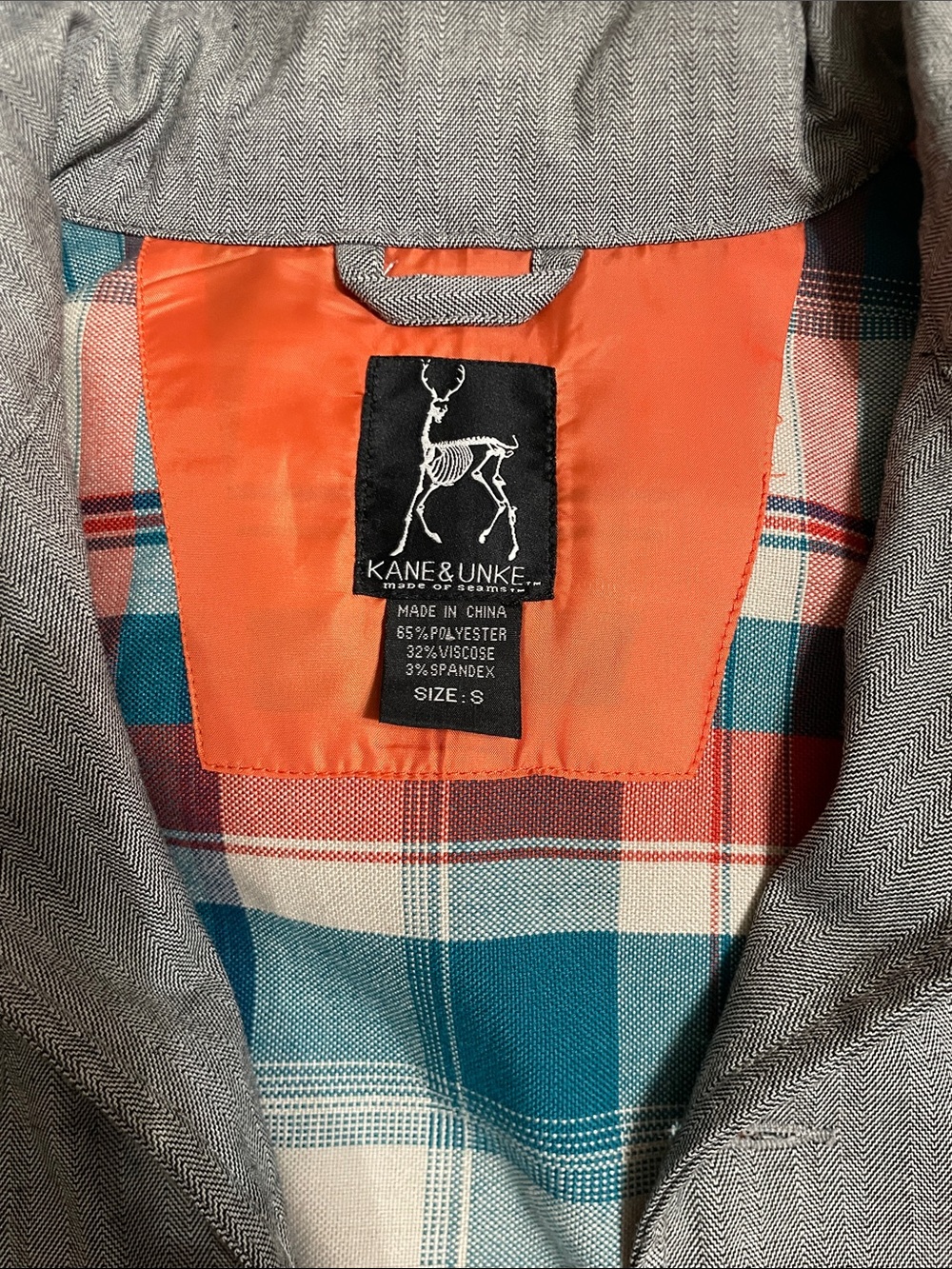 Kane and Unke Gray Herringbone Blazer with Orange and Teal Plaid Lining
